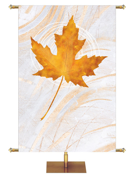 Custom Banner Echoes of Autumn with Single Gold Maple leaf on background of hues of bronze and copper