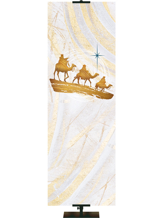 Custom Church Banner Background with Three Wisemen in Gold and New Star in Blue (left) on subtle hues of gold, blue and white