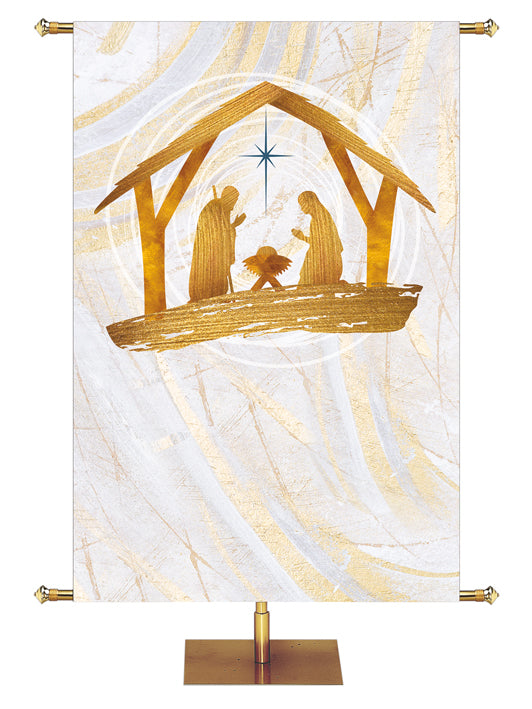 Custom Church Banner Background with Manger Scene in Gold and New Star in Blue (right) on subtle hues of gold, blue and white