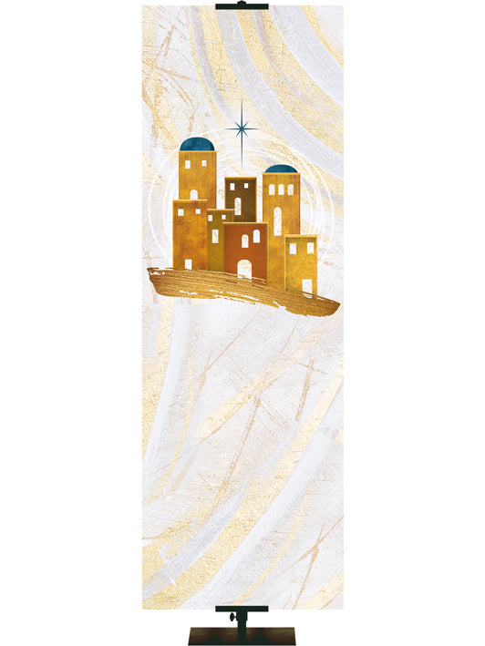 Custom Banner Background for Christmas with Bethlehem in Gold and New Star (left) in Blue on hues of gold, blue and white