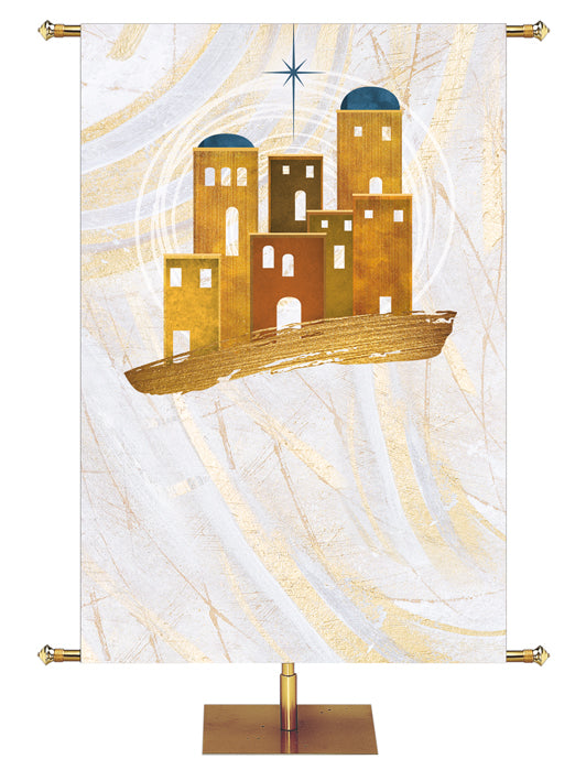 Custom Church Banner Background with Bethlehem in Gold and New Star (right) on subtle hues of gold, blue and white