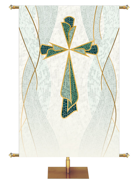 Custom Church Banner Background Cross Symbol with gold accents in the look of classic Christian Mosaic Art in pastel hues.