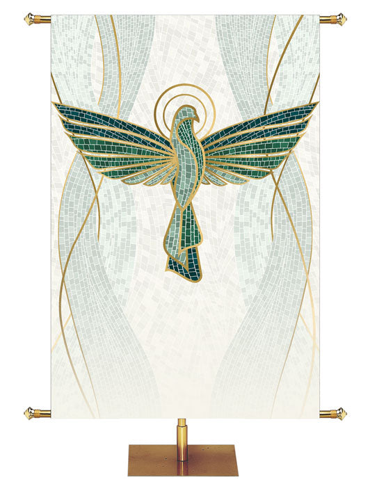 Custom Church Banner Dove Symbol Mosaics of Faith Design (left) on muted shades of Blue with Gold accents