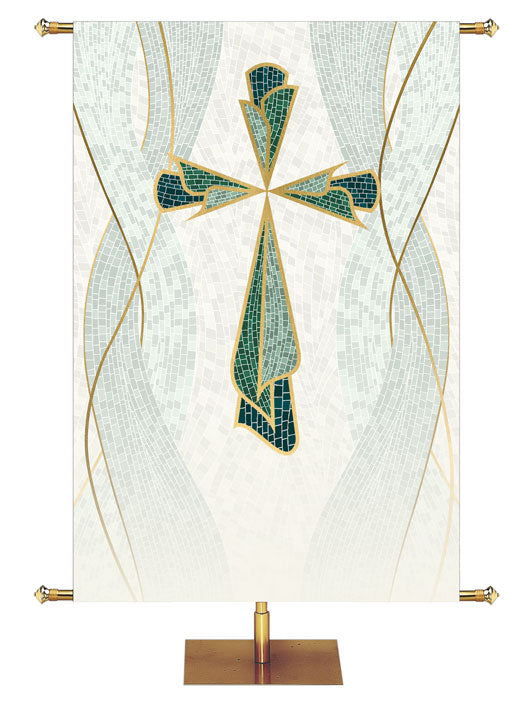 Custom Church Banner Cross Symbol Mosaics of Faith Design on muted shades of Blue with Gold accents