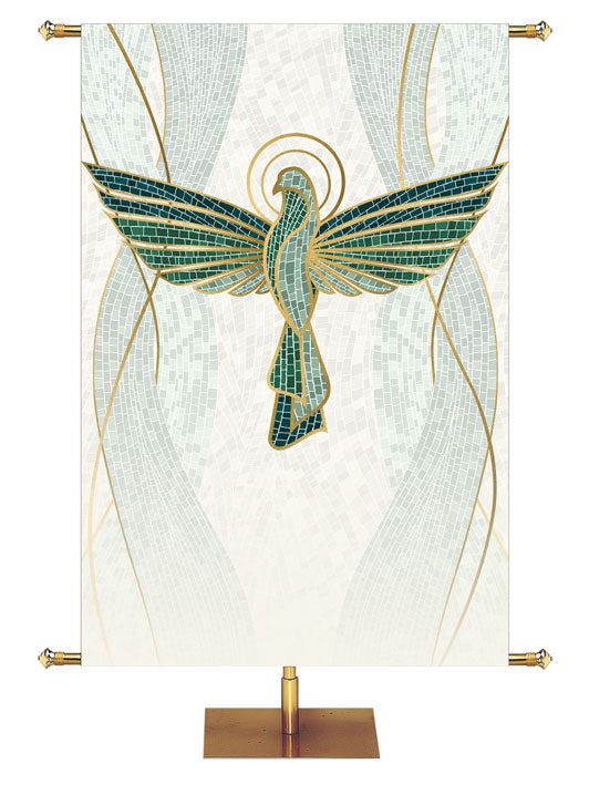 Custom Church Banner Dove Symbol Mosaics of Faith Design (right) on muted shades of Blue with Gold accents