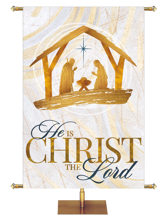 He Is Christ The Lord  Banner with Manger Scene in Gold and New Star in Blue (right) in subtle hues of gold, blue and white