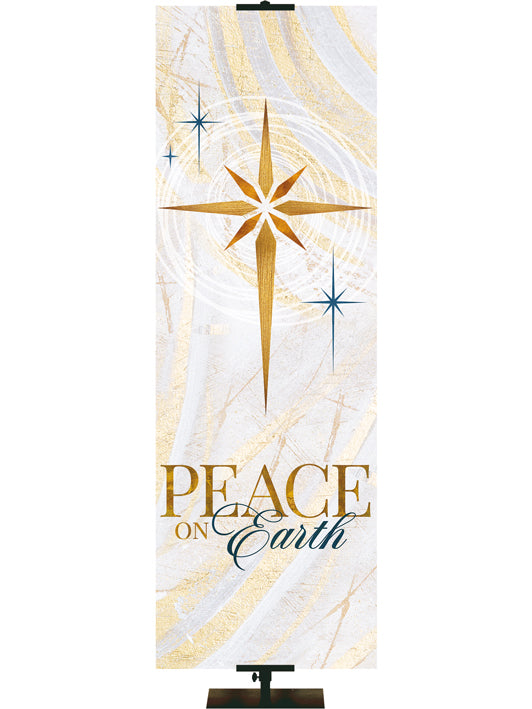 Peace On Earth Christmas Banner for Church with New Star in Gold on subtle hues of gold, blue and white