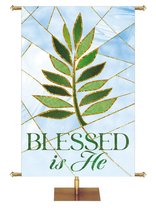 Church Banner Luminescent Easter Blessed is He with Palm Symbol in the look of stained glass