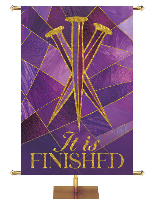 Church Banner Luminescent Easter It is Finished with Three Nails Symbol in the look of stained glass