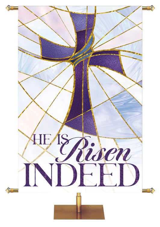 Church Banner Luminescent Easter He is Risen Indeed with Cross Symbol in the look of stained glass