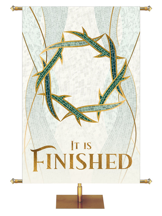 Banner for Church It is Finished with Crown of Thorns Symbol with gold accents in the look of classic Christian Mosaic Art