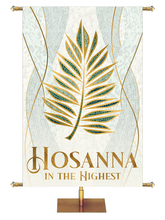 Fabric Church Banner Hosanna in the Highest with Palm Symbol with gold accents in the look of classic Christian Mosaic Art