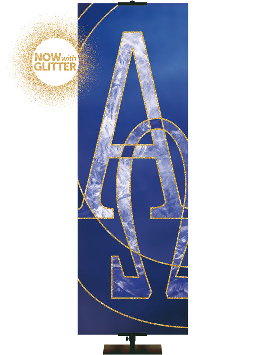 Alpha Omega with Glitter Accents on Blue Colors of the Liturgy Church Banner