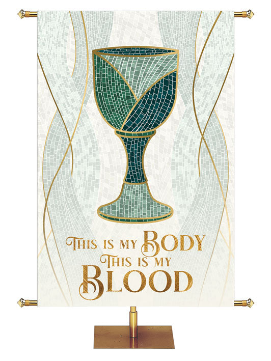 This Is My Body, This Is My Blood in gold with Communion Chalice Symbol Mosaics of Faith Design (left) on background of muted shades of Blue