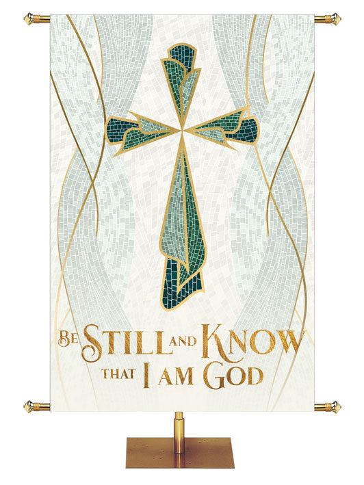 Be Still And Know That I Am God in gold with Cross Symbol Mosaics of Faith Design on background of muted shades of Blue