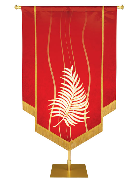 Custom Banner Experiencing God with white Palm (right) embellished with hand-applied gold brocade and fringe on Red