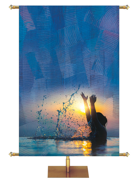 Custom Church Banner Background with Sunrise over baptism on blue