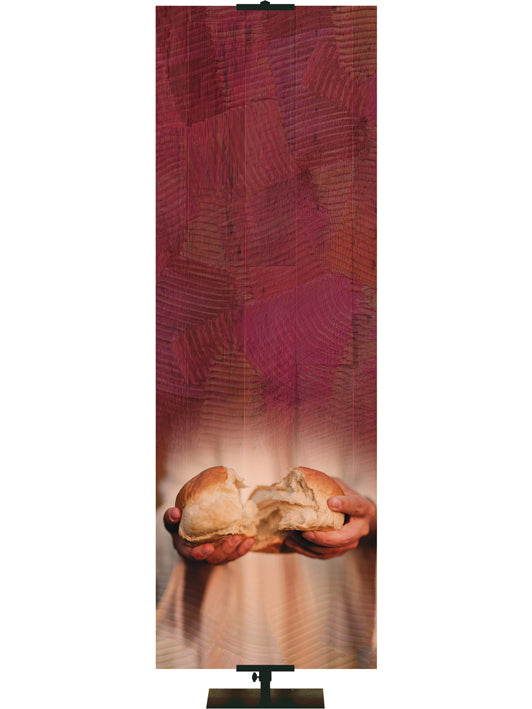 Custom Church Banner Background with Broken Bread in hands on red