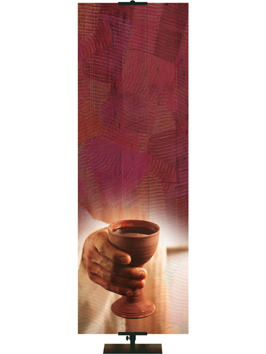 Custom Church Banner Background with Hand holding Communion chalice on red