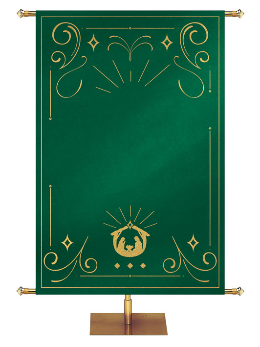 Custom Banner Background Shimmering Christmas in Green with (Right) Manger scene bottom center and  border of gold accents