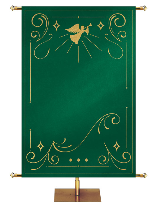 Custom Banner Background Shimmering Christmas in Green with right-facing Angel top center with border of gold accents