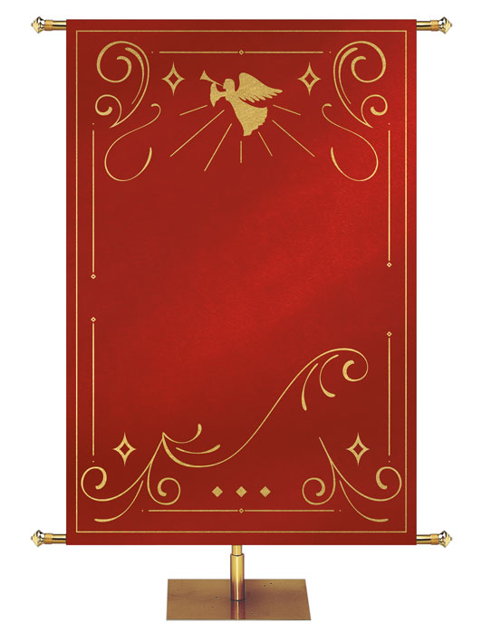 Custom Banner Background Shimmering Christmas in Red with left-facing Angel top center and border of gold accents