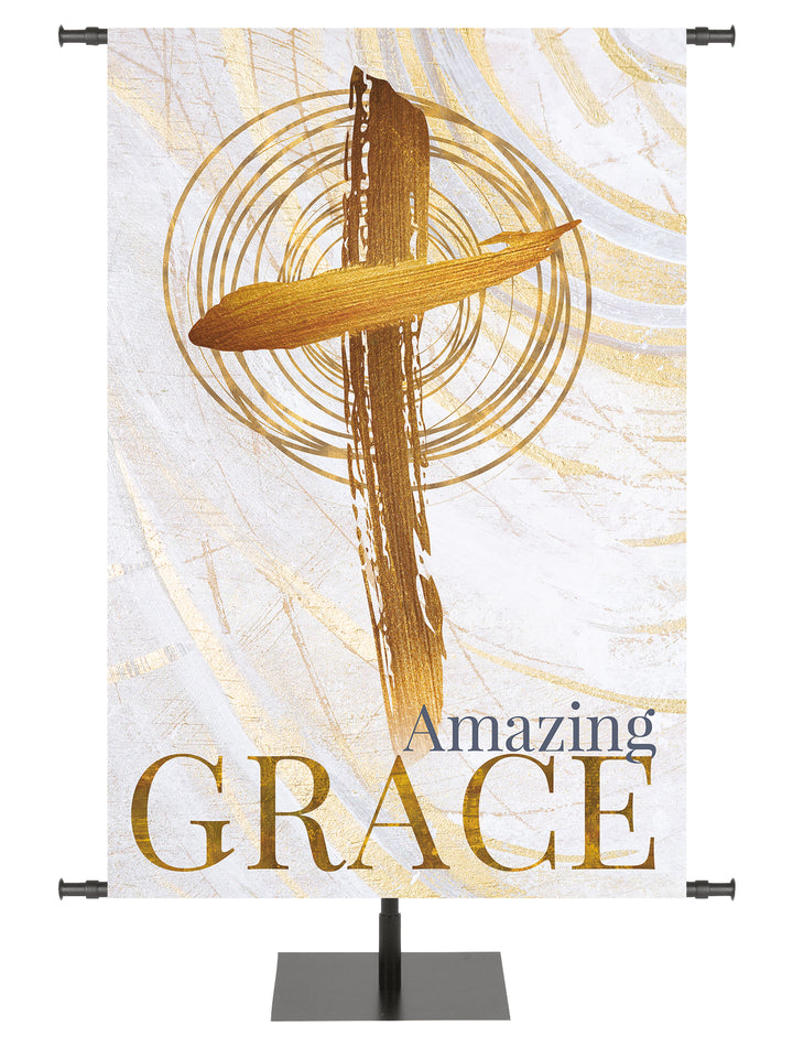 Easter Banner for Church Echoes of Easter Amazing Grace and Cross Symbol in golds and bronze on white in right side wide format