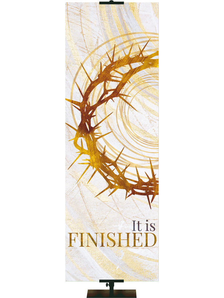 Banner for Church Echoes of Easter with It is Finished Crown of Thorns Symbol in golds and bronze on white in right side thin format