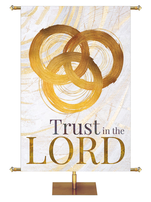 Easter Banner for Church Echoes of Easter Trust in the Lord Trinity Symbol in golds and bronze on white in left side wide format