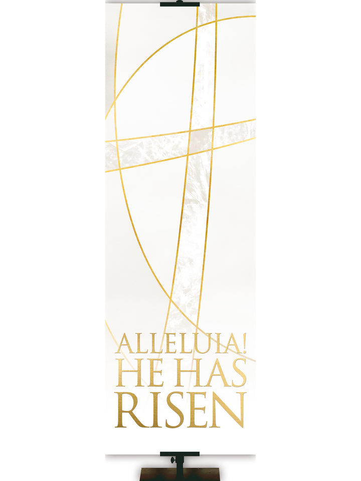 Easter Liturgy Alleluia on White Banner with Gold Stylized Cross and gold accents on thin format with left orientation