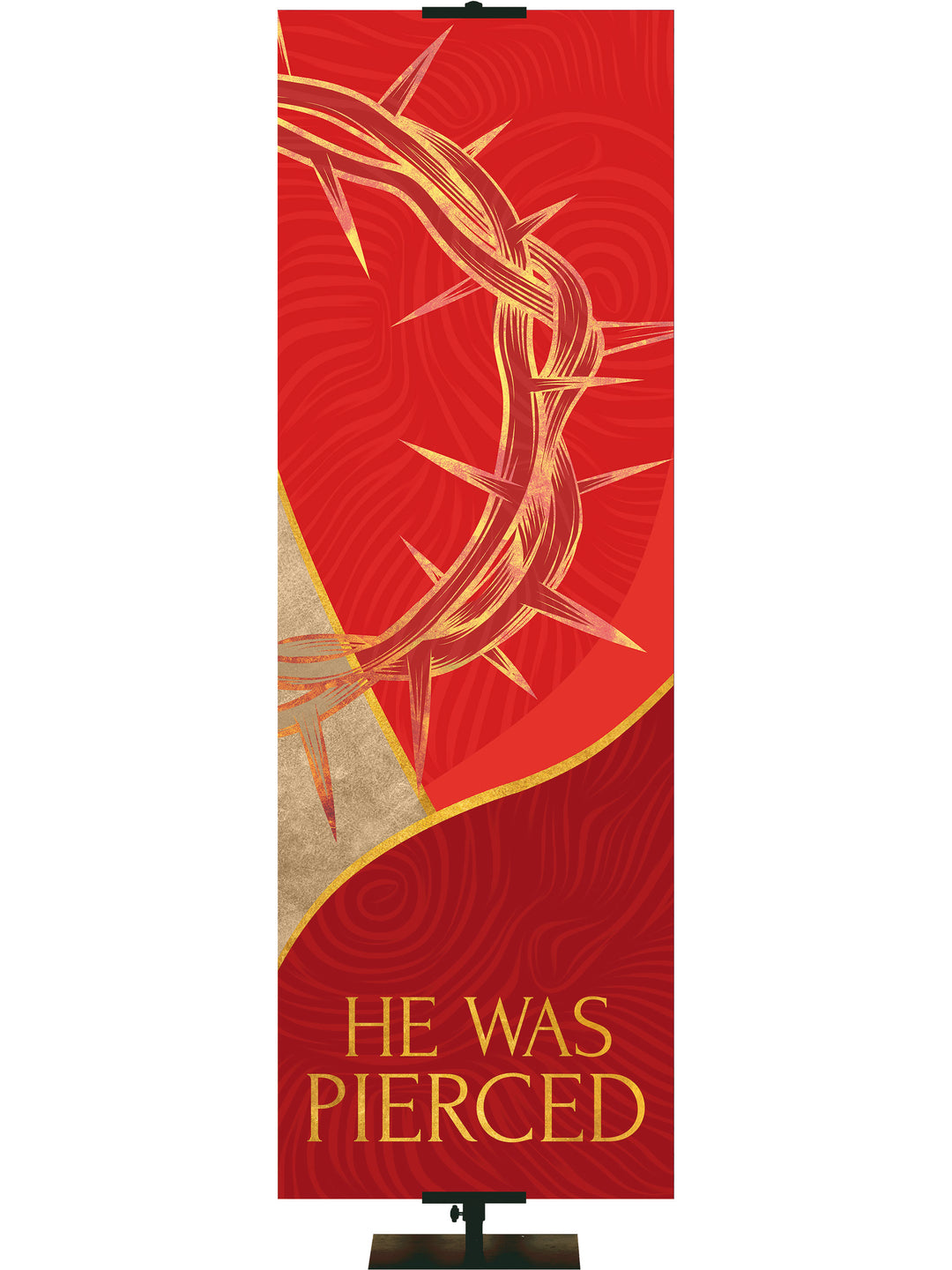 Church Banner for Easter Shimmering He Was Pierced Gold Crown of Thorns on Red or Purple