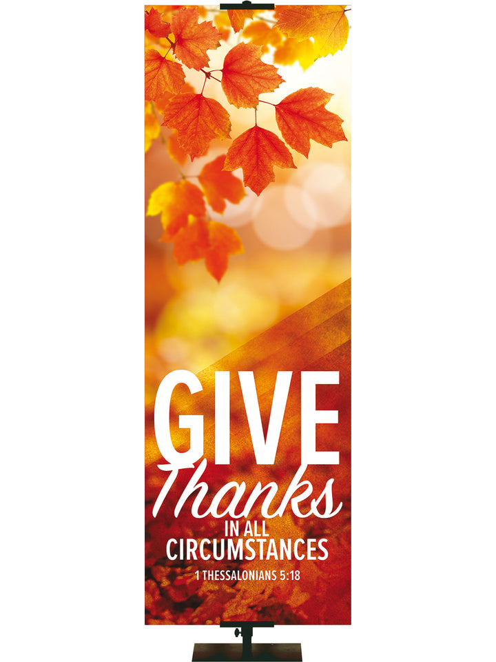 Golden Harvest Give Thanks Banner Left Gold Leaves, Blue Sky 1 Thessalonians 5:18 