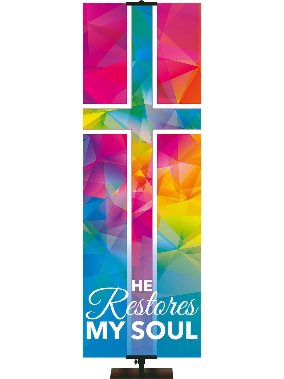 Hues of Grace Restores My Soul Church Banner with brilliantly multicolored Cross Symbol left side thin format