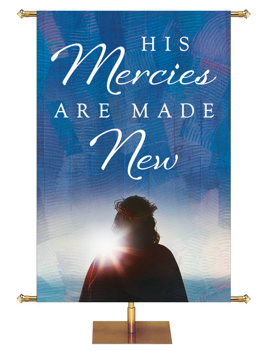 His Mercies Are Made New Living Hope Church Banner with Silhouette of Christ on blue