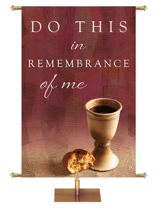 Do This In Remembrance Of Me Living Hope Church Banner on red with Communion bread with chalice on the right