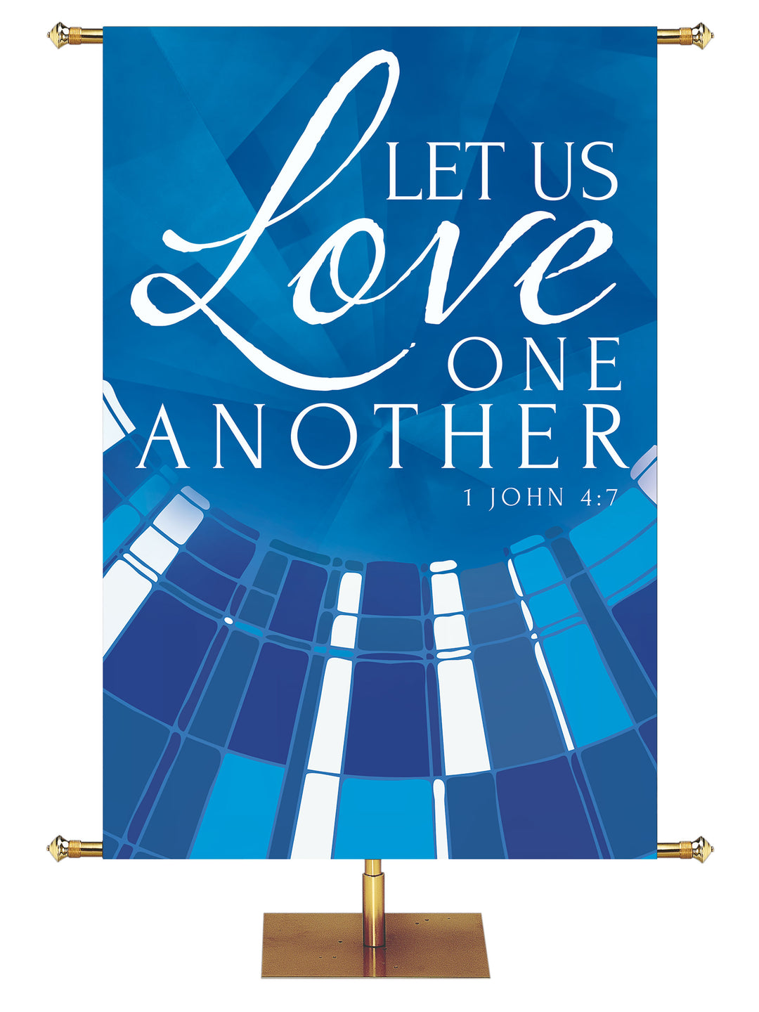 Church Banner Streaming Light Let Us Love One Another. 1 John 4:7. In Blue, Green, Purple and Red.