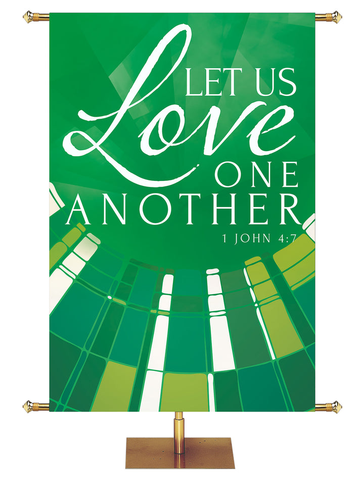 Church Banner Streaming Light Let Us Love One Another. 1 John 4:7. In Blue, Green, Purple and Red.