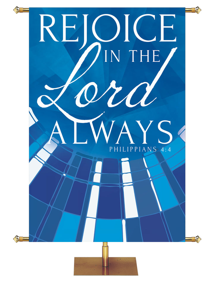 Church Banner Streaming Light Rejoice In The Lord Always. Philippians 4:4. In Blue, Green, Purple and Red.