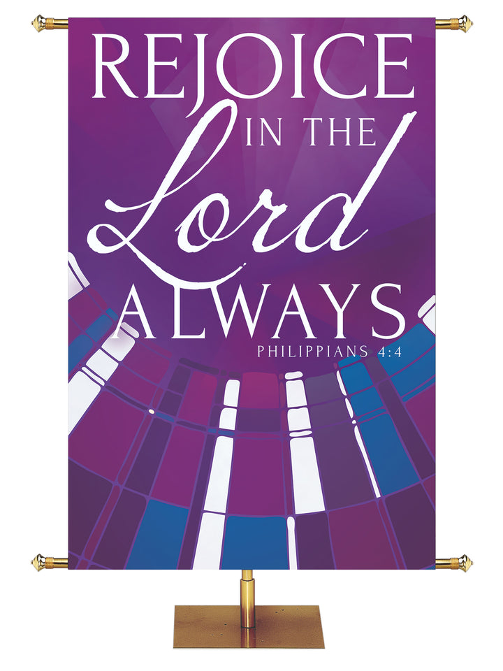 Church Banner Streaming Light Rejoice In The Lord Always. Philippians 4:4. In Blue, Green, Purple and Red.