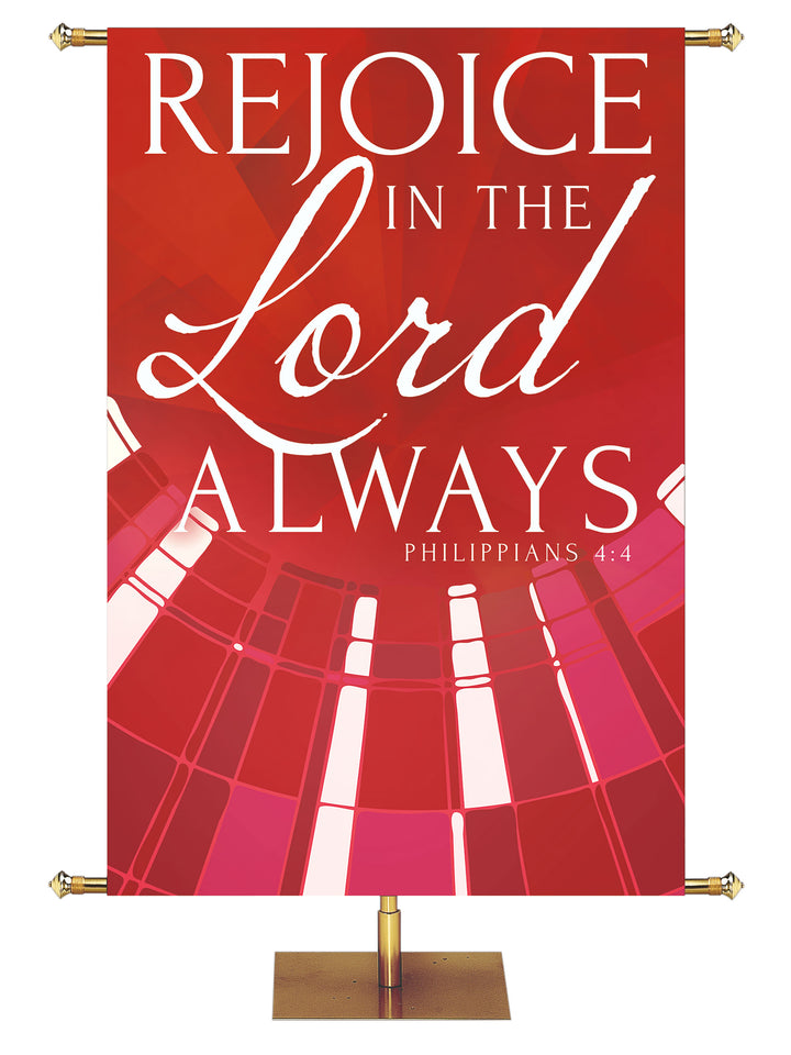 Church Banner Streaming Light Rejoice In The Lord Always. Philippians 4:4. In Blue, Green, Purple and Red.