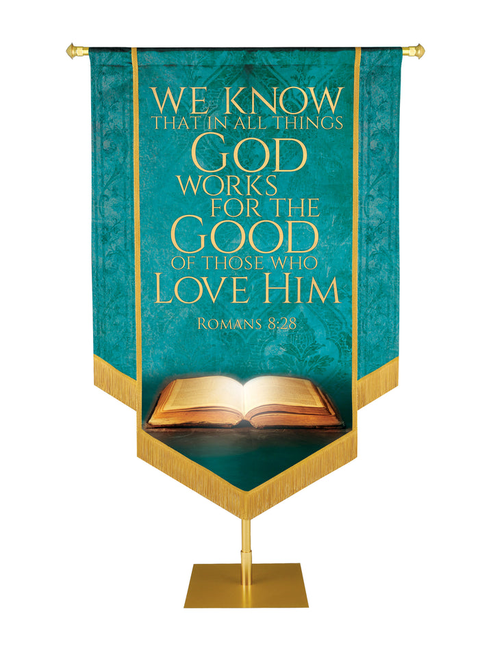 Holy Scriptures God Works for the Good Embellished Banner - Handcrafted Banners - PraiseBanners