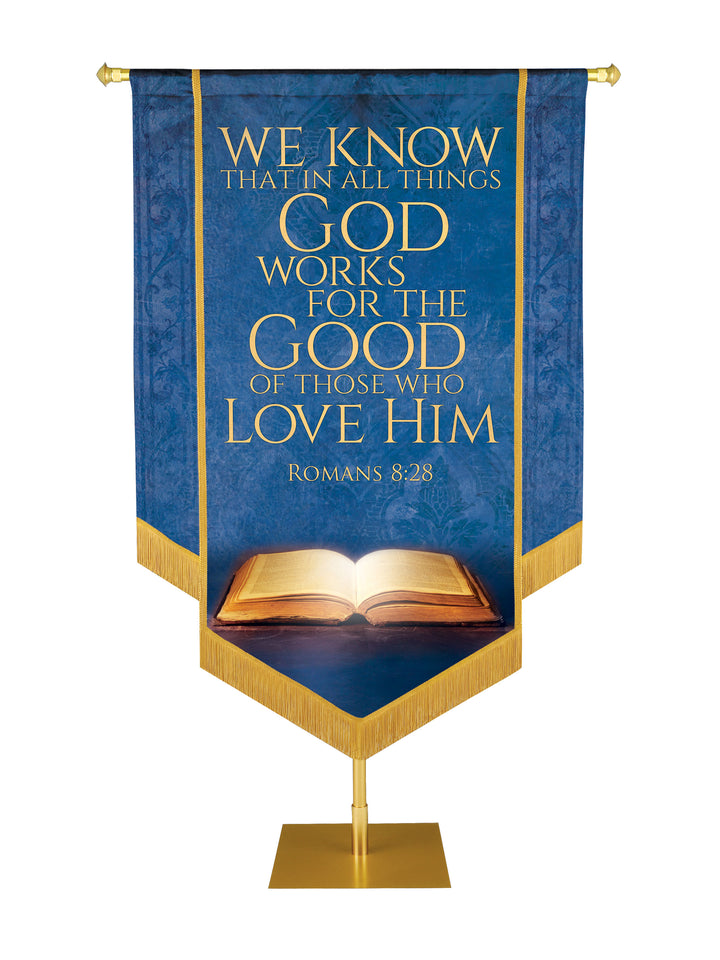 Holy Scriptures God Works for the Good Embellished Banner - Handcrafted Banners - PraiseBanners