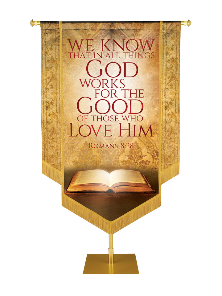 Holy Scriptures God Works for the Good Embellished Banner - Handcrafted Banners - PraiseBanners