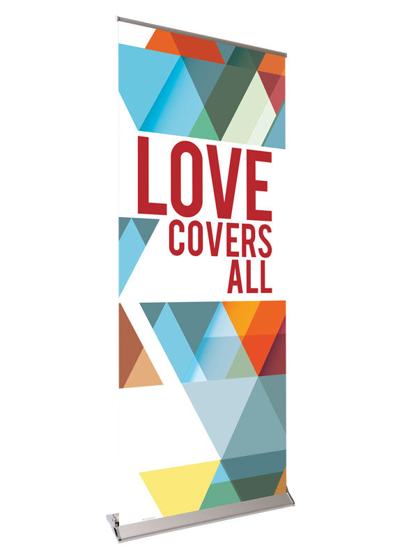 Retractable Banner with Stand The Dynamic Word Love Covers All - Year Round Banners - PraiseBanners