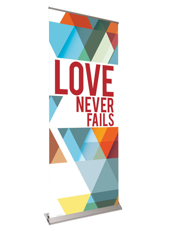 Retractable Banner with Stand The Dynamic Word Love Never Fails - Year Round Banners - PraiseBanners