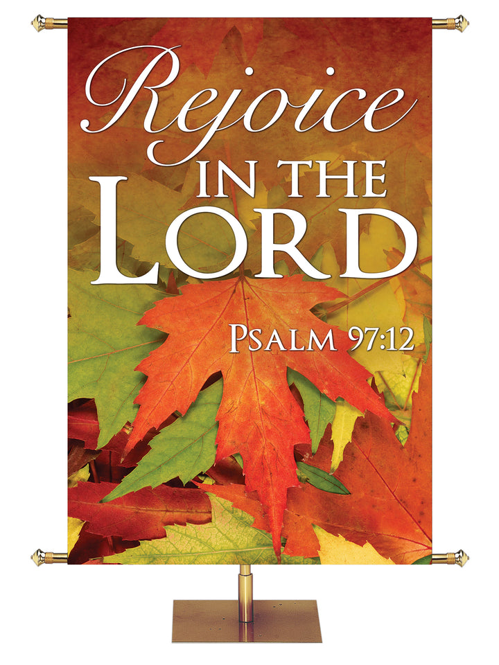 Rejoice in the Lord Design 3 Psalm 97:12 Church Banner for Fall and Thanksgiving with colorful fall leaves