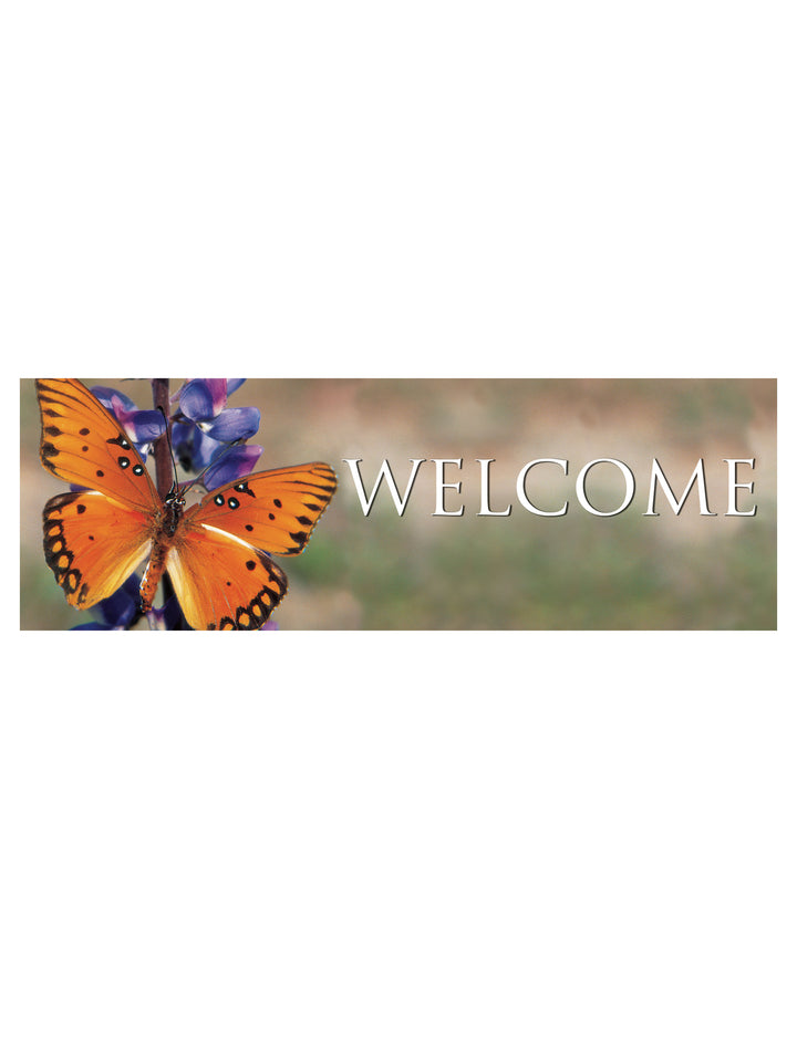 Banner de bienvenida de stock con forma de mariposa