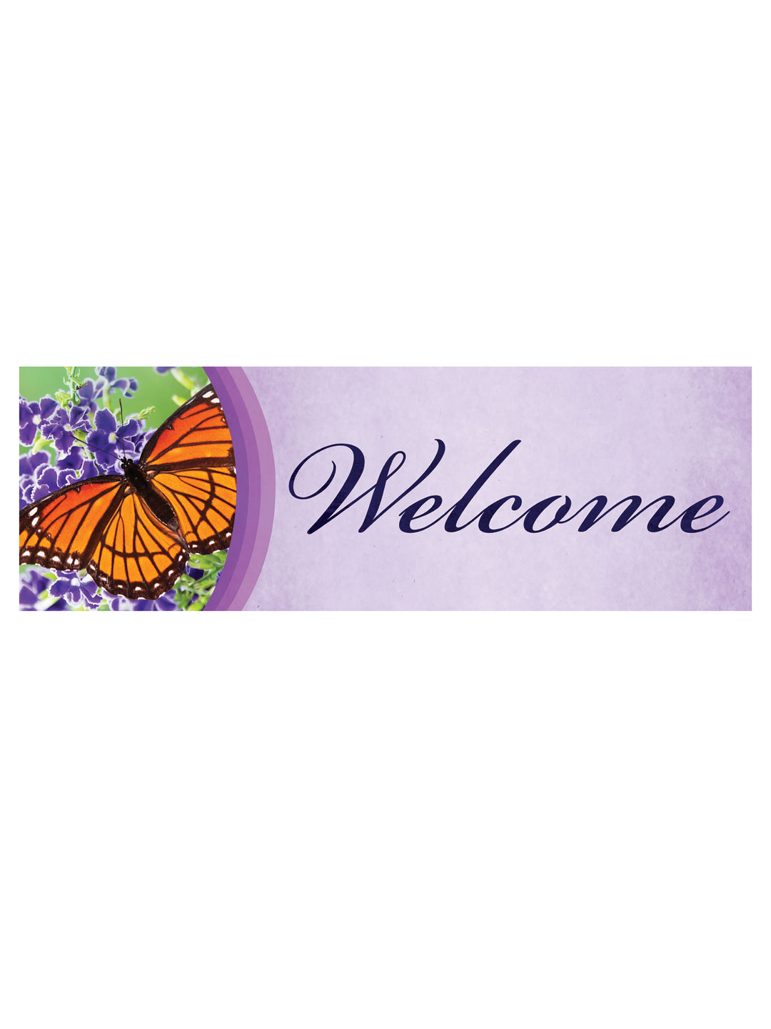 Banner de bienvenida de stock con mariposas en color morado