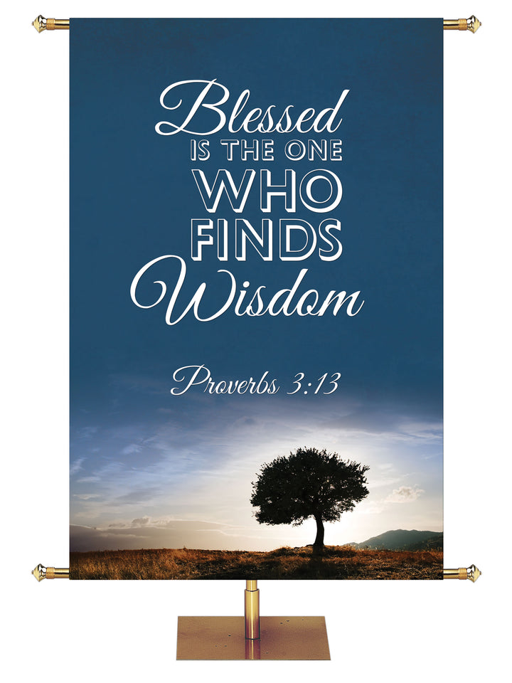 Who Finds Wisdom Banner Words of Wisdom Proverbs 3:13 in Blue, Green, Purple, Red, Sienna, Teal