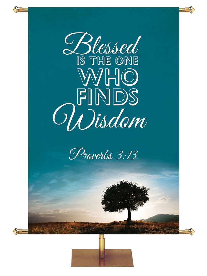 Who Finds Wisdom Banner Words of Wisdom Proverbs 3:13 in Blue, Green, Purple, Red, Sienna, Teal